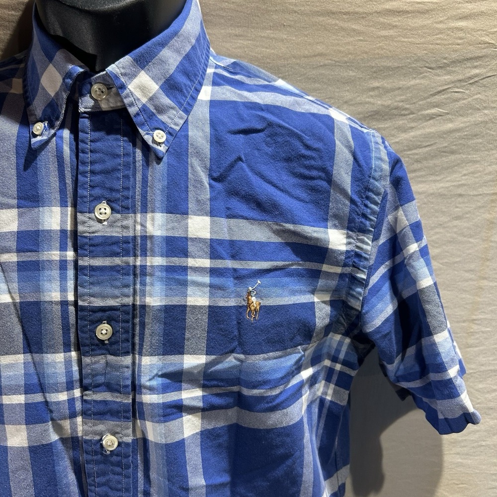 Ralph Lauren Men Flesh Pony Medium Blue White Plaid Button Down Shirt Cotton